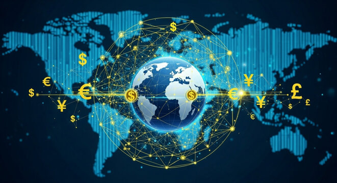 Global financial network with world map and currency symbols, representing international finance and digital connectivity