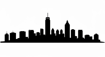 Fototapeta premium Silhouette of a city skyline with various buildings and skyscrapers against a white background in black color