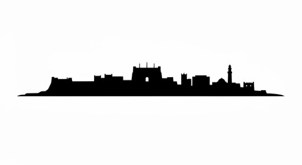 Silhouette of a cityscape featuring various buildings and a prominent archway against a white background
