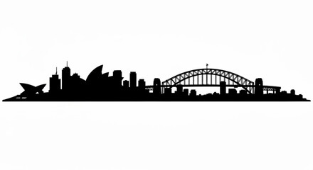 Fototapeta premium Silhouette of sydney skyline with opera house and harbour bridge against a white background view from afar