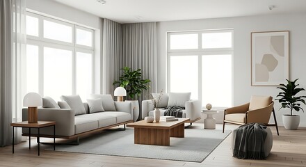 Fototapeta premium Bright, minimalist living room with contemporary furniture and natural light, an elegant modern interior design
