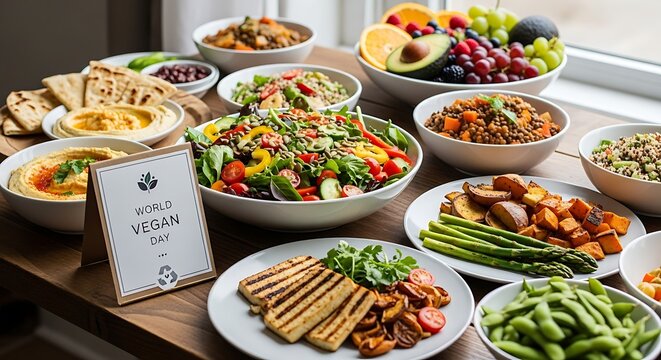 Delicious Vegan Feast Celebrating World Vegan Day with Healthy, Colorful Plant-Based Dishes