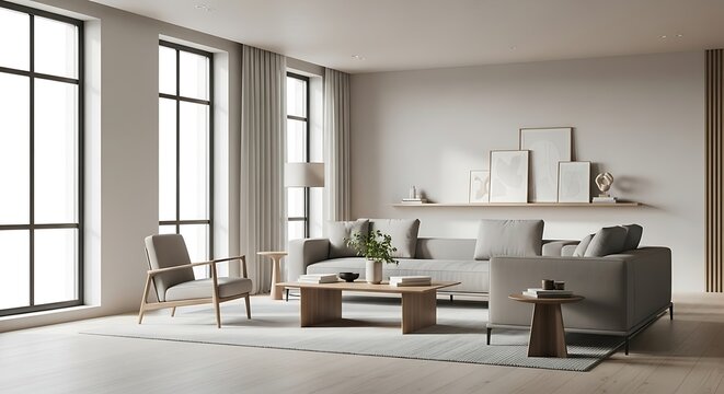 Minimalist Living Room with Cozy Armchair, Sofa, Coffee Table, and Shelves with Art