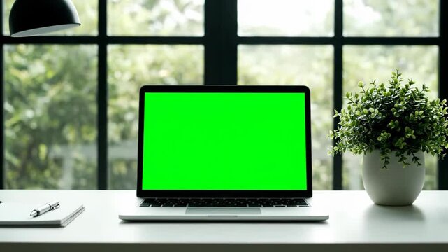 Laptop with a green screen on a desk with a plant and window view, perfect for compositing and digital content creation vector illustration