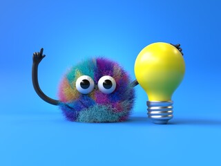 Fluffy, cute monster with a lightbulb, symbolizing ideas and innovation. 3D rendering, conceptual image. Isolated on white background.
