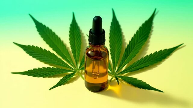 Cannabis cbd oil dropper bottle with hemp leaves against a vibrant gradient background, symbolizing natural wellness and alternative medicine vector illustration