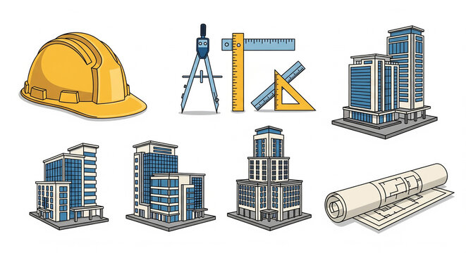 Detailed collection of architectural and construction elements featuring modern city buildings, essential drafting tools, and professional safety gear for design projects