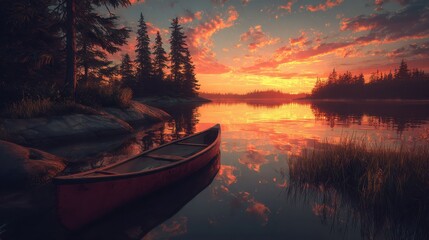 serene sunset scene with a canoe on a calm river