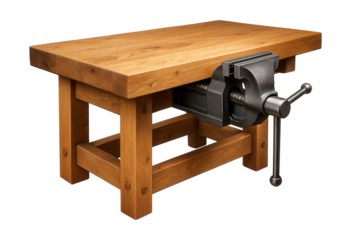 Sturdy wooden workbench with a large vise for woodworking projects.