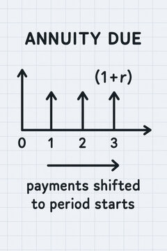 Annuity due timeline with upward arrows at period start 0 to 3 showing payments shifted to period start time value money tvm
