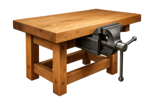 Sturdy wooden workbench with a large vise for woodworking projects.