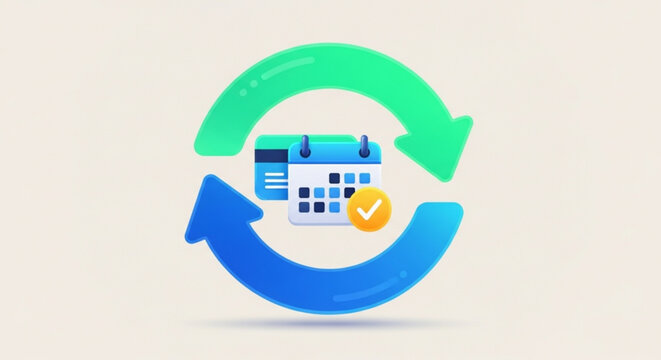 A calendar with arrows circling it, representing recurring events, scheduling, and time management on a light background