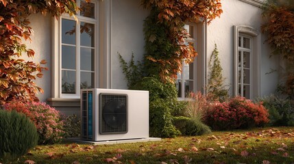 air conditioner source heat pump installation outside modern house in beautiful autumn garden exterior unit next to wall with windows  hvac system energy efficiency fall seasonal home maintenance