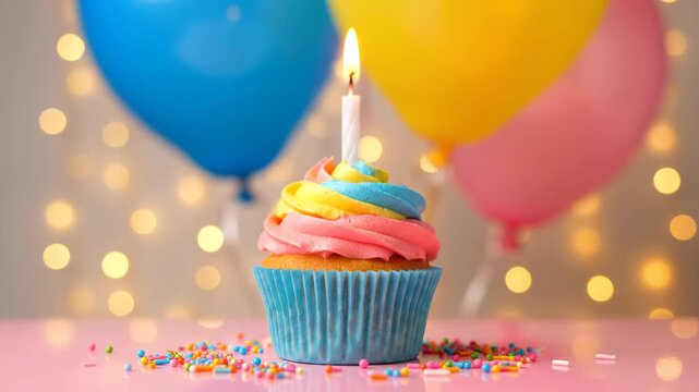 A colorful cupcake with a single lit candle, surrounded by balloons and bokeh lights, perfect for a birthday celebration vector illustration