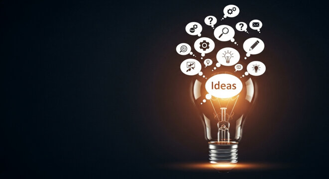 A glowing light bulb with idea icons floating above, symbolizing innovation, inspiration, and creative thinking on a dark background