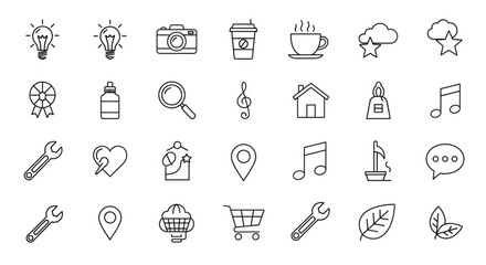 Collection of various line icons, representing different concepts and objects in a simple and minimalist design
