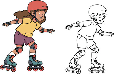 Cute kids roller skating, cartoon boy and girl wearing helmets, safety gear illustration, fun outdoor activity, sports, childhood, motion, energy, happiness