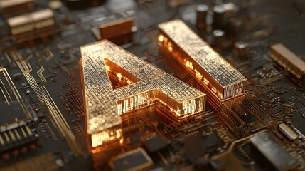 Obraz premium gold ai letters glow atop a circuit board intricate pathways and components create a digital representation