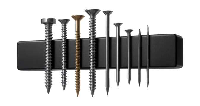 Magnetic strip holder for securing screws and nails in a metal shop.