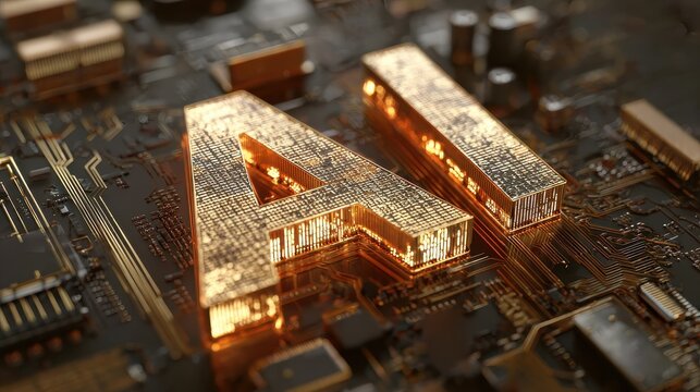 gold ai letters glow atop a circuit board intricate pathways and components create a digital representation