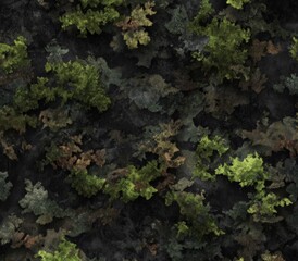 Forest floor texture: A captivating top-down view of a forest floor teeming with lush vegetation and intricate textures. The scene showcases an array of foliage, from vibrant green to earthy brown.