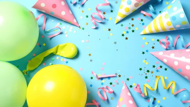 Festive birthday party flat lay with colorful balloons, party hats, confetti, and streamers on a bright blue background, creating a celebratory atmosphere vector illustration