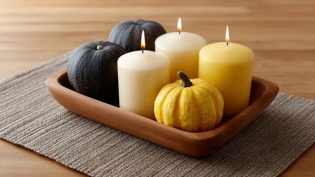 White candle yellow candle black pumpkin yellow pumpkin wooden tray cozy autumn decor warm light rustic style home interior relaxation centerpiece with three burning pillar candles, two decorative