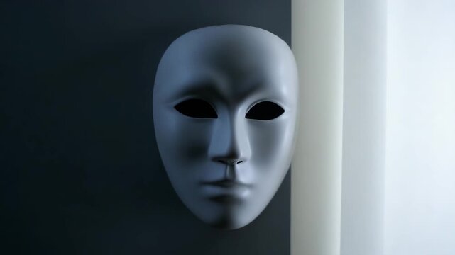 Black mask and white mask on wall, minimal abstract art with mysterious dramatic shadow, emotionless face, smooth surface, anonymity, secrecy, eerie solitude, modern sculpture, soft light