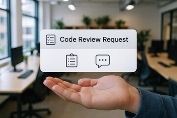 Code review request concept with developer workspace and ai programmer hand gesture in modern office environment for ai development