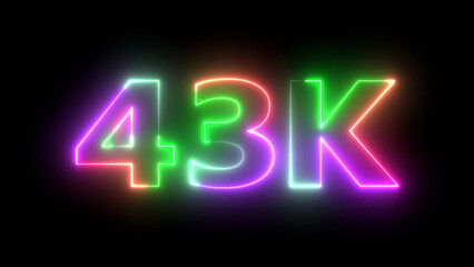 Neon Light 43K Counter on Black Background Bright Glowing Numbers Vibrant Celebration