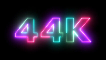 Neon Light 44K Counter on Black Background Bright Glowing Numbers Vibrant Celebration