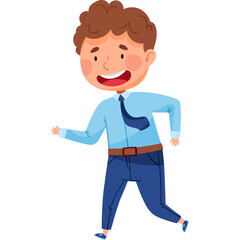 Smiling Young Boy Wearing Light Blue Dress Shirt Dark Blue Tie Dark Blue Pants and Shoes With Brown Hair Running Forward On White Background