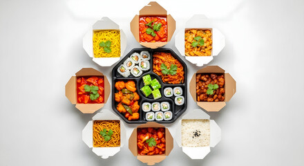 Delicious Array Of Takeout Cuisine Featuring Assorted Asian Dishes Including Sushi, Noodles, Chicken, Curry And More For Food Lovers' Delight