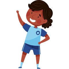 Smiling young girl with dark curly hair in a light blue t-shirt and dark blue shorts stands with one arm raised and the other on her hip on a white background