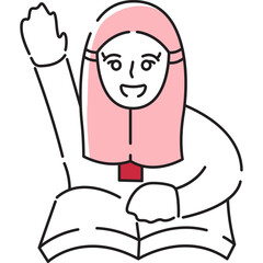 Smiling Young Woman Wearing Pink Hijab and White Outfit Raising Hand While Sitting With Open Book Against Transparent Background Simple Line Art Style