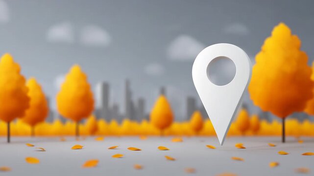 White location pin autumn park orange tree cityscape background with fallen leaf and cloudy sky, outdoor navigation in tranquil urban setting, vibrant seasonal change and peaceful mood