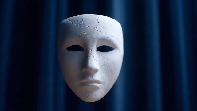 White cracked mask mysterious and expressionless floating against dark blue curtain background, evoking drama, secrecy, intrigue, enigmatic concept of hidden identity, loneliness, and theatrical