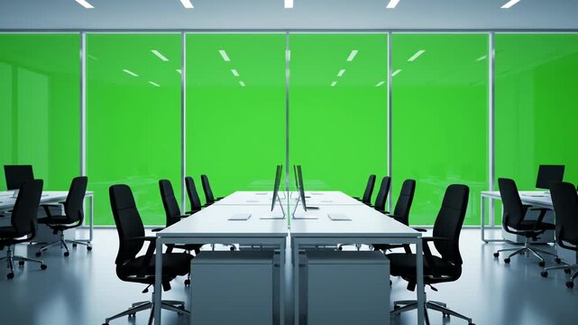Modern office interior with rows of desks and computers, featuring a large green screen wall for customization and virtual backgrounds vector illustration