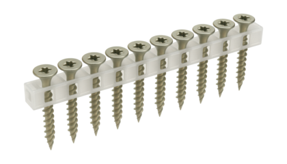 Collated drywall screws on a plastic strip for automatic screw guns in large projects.