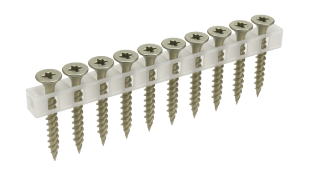 Collated drywall screws on a plastic strip for automatic screw guns in large projects.