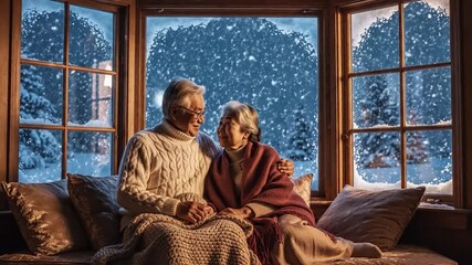 Elderly couple embracing by window during winter snowfall cozy indoor scene - Powered by Adobe