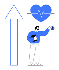 Man holding dollar coin, large upward arrow, and heartbeat line inside a heart. Ideal for finance, investment, health, lifestyle, growth wellness improvement and motivation. Simple flat metaphor