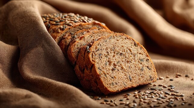 sliced whole grain bread with seeds on cloth background