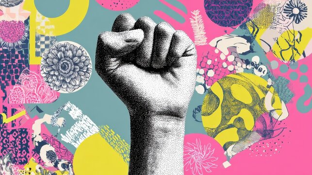 trendy halftone collage element female hand with closed fist showing flexed biceps gesture cut out shape with doodles feminism empowerment and gender equality concept modern retro vector illustration
