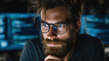 intense male programmer engaged in coding emphasizing his role as a cybersecurity specialist focused on networking and malware defense