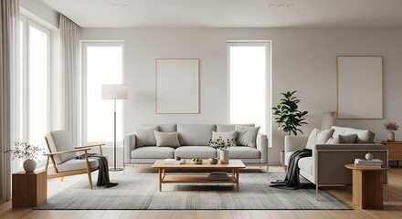 Fototapeta premium Bright and serene modern living room design featuring minimalist decor and comfortable seating