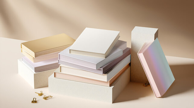 Stack of notebooks and books with stationery items.