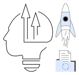 Head outline with growth arrows, rocket launching, document in folder with recycling symbol. Ideal for innovation, creativity, growth, progress, startup productivity brainstorming. Simple flat