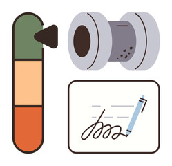 Progress bar with color sections, paper roll with perforation, signature with pen. Ideal for task progress, workflow, document management, digital signature, process illustration, organization