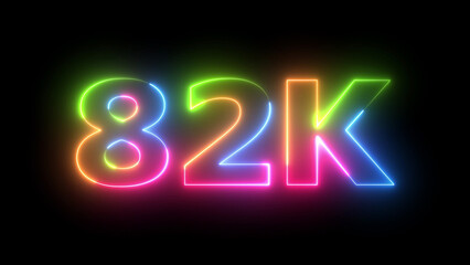 Vibrant glowing 82K neon sign colorful number isolated on black background for celebrations